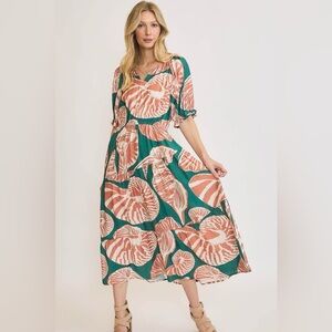 Full Size Printed Notched Puff Sleeve Midi Dress Plus Size